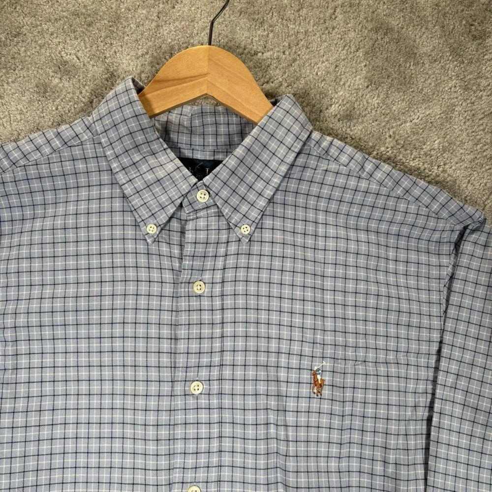 Vintage Polo Ralph Lauren Shirt Mens XL Light Blue Plaid Long Sleeve Logo 90s